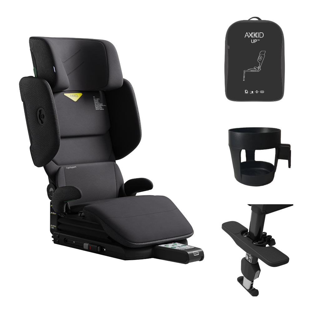 Axkid Up high back booster, accessories bundle, footrest, cup holder, travel bag, arctic mist grey
