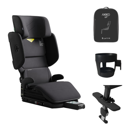 Axkid Up high back booster, accessories bundle, footrest, cup holder, travel bag, arctic mist grey