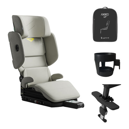 Axkid Up high back booster, accessories bundle, footrest, cup holder, travel bag, beachgrass beige
