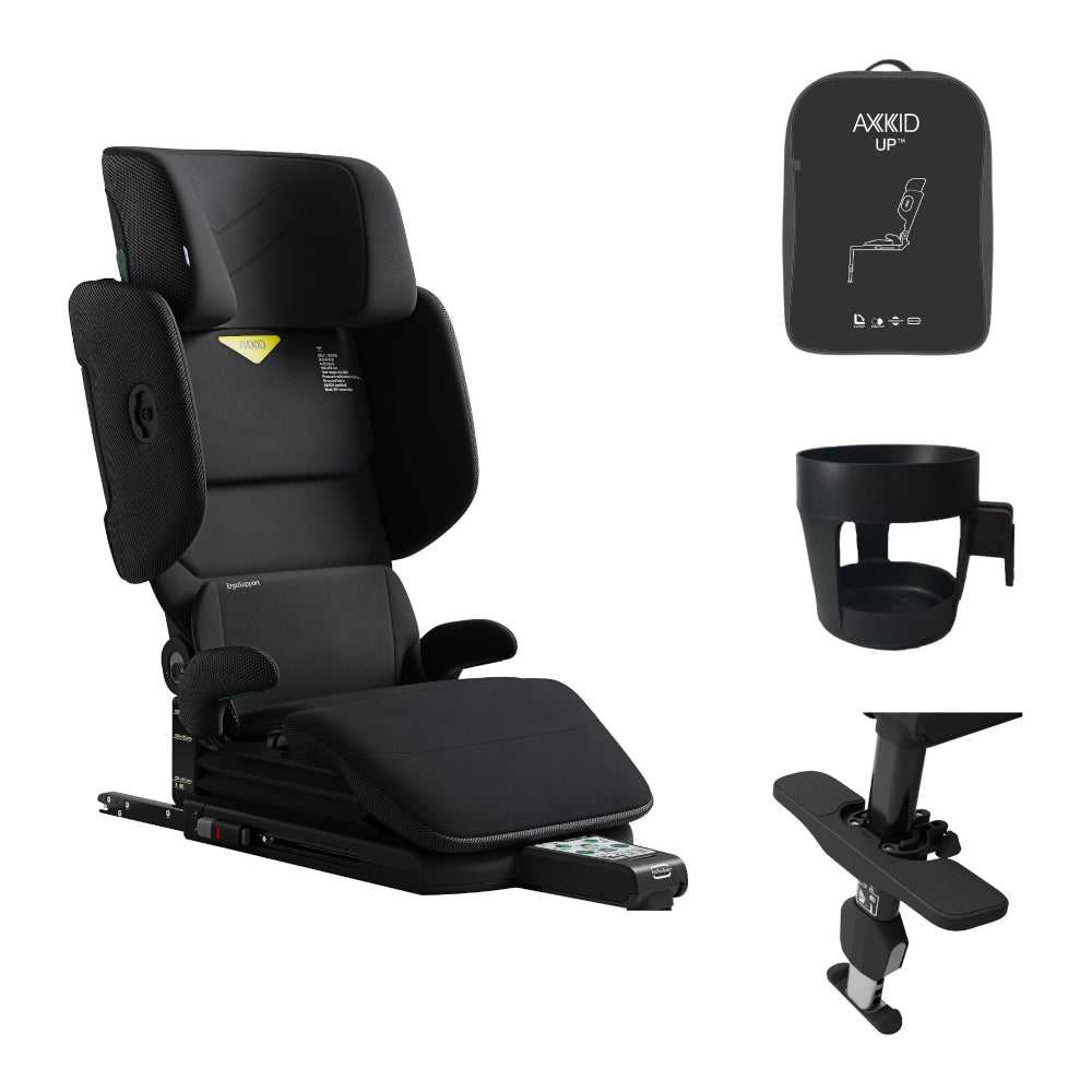 Axkid Up high back booster, accessories bundle, footrest, cup holder, travel bag, coastal storm black