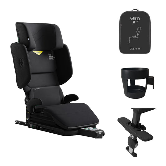 Axkid Up high back booster, accessories bundle, footrest, cup holder, travel bag, coastal storm black