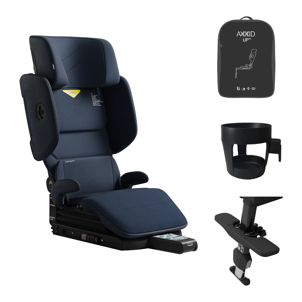Axkid Up high back booster, accessories bundle, footrest, cup holder, travel bag, glacier lake blue
