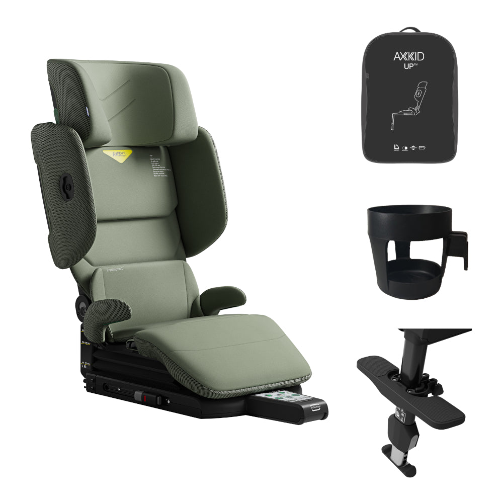 Axkid Up high back booster, accessories bundle, footrest, cup holder, travel bag, nordic bloom green