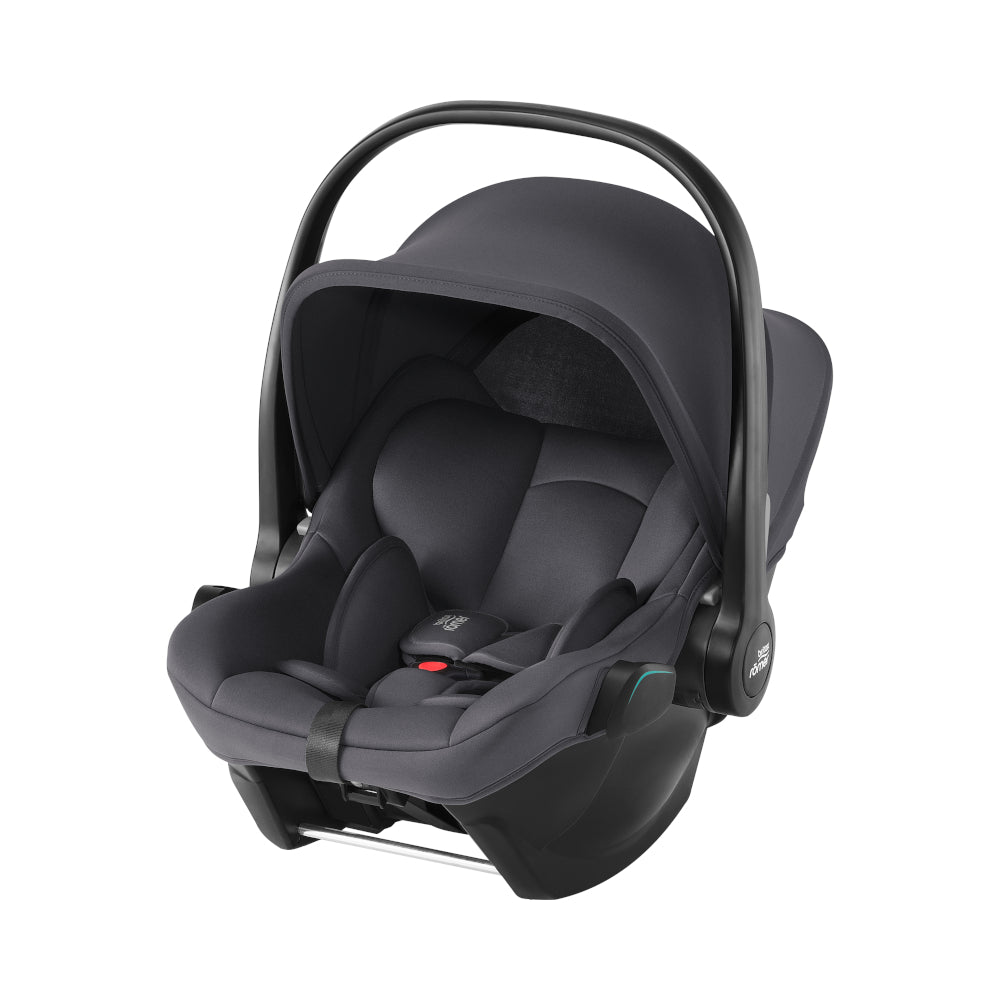 Britax Römer Baby-Safe Core infant carrier car seat in midnight grey, on Vario ISOfix base
