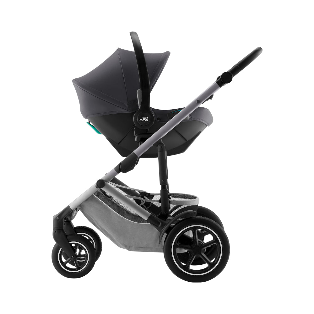 Britax Römer Baby-Safe Core infant carrier car seat in midnight grey, on Smile III pushchair