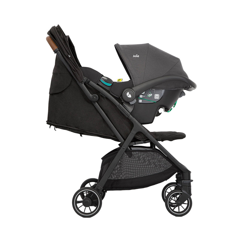 Black Joie Pact Pro lightweight compact pushchair with infant carrier car seat