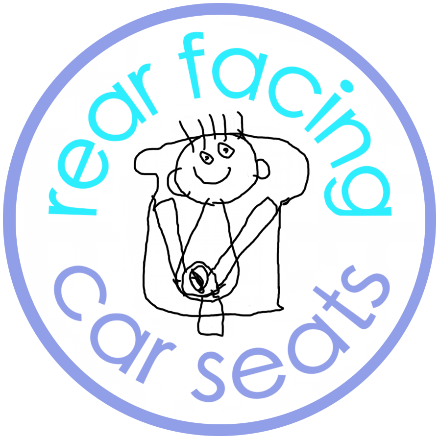 Rear Facing Car Seats Logo, drawing of child in a car seat