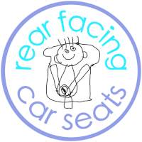 Rear Facing Car Seats Logo, drawing of child in a car seat
